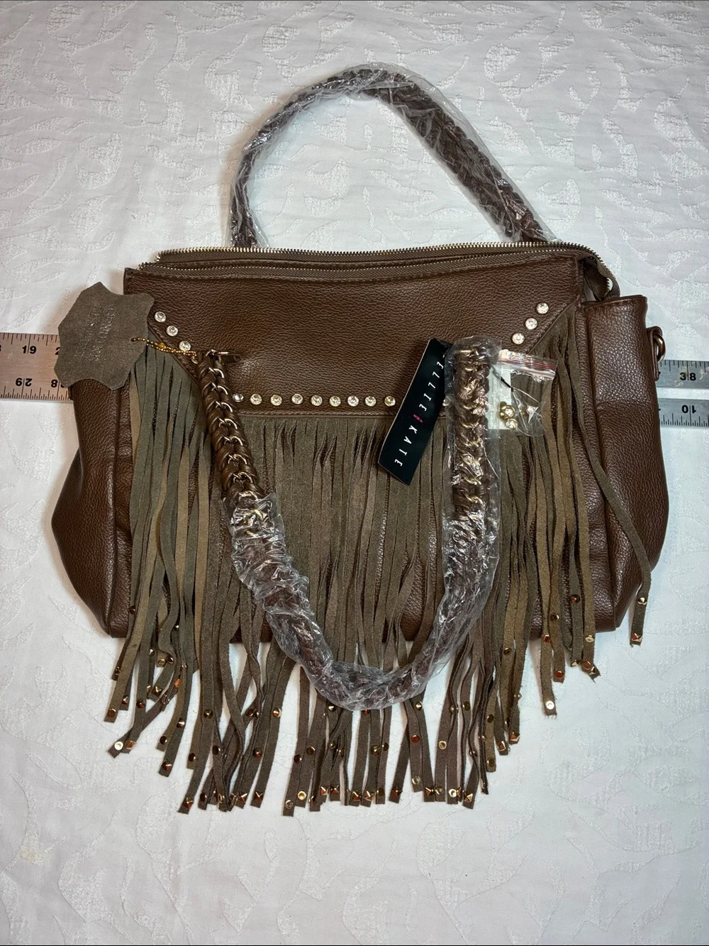 Fringe Shoulder Bag - Brown Faux Leather 16in wide x 11in tall